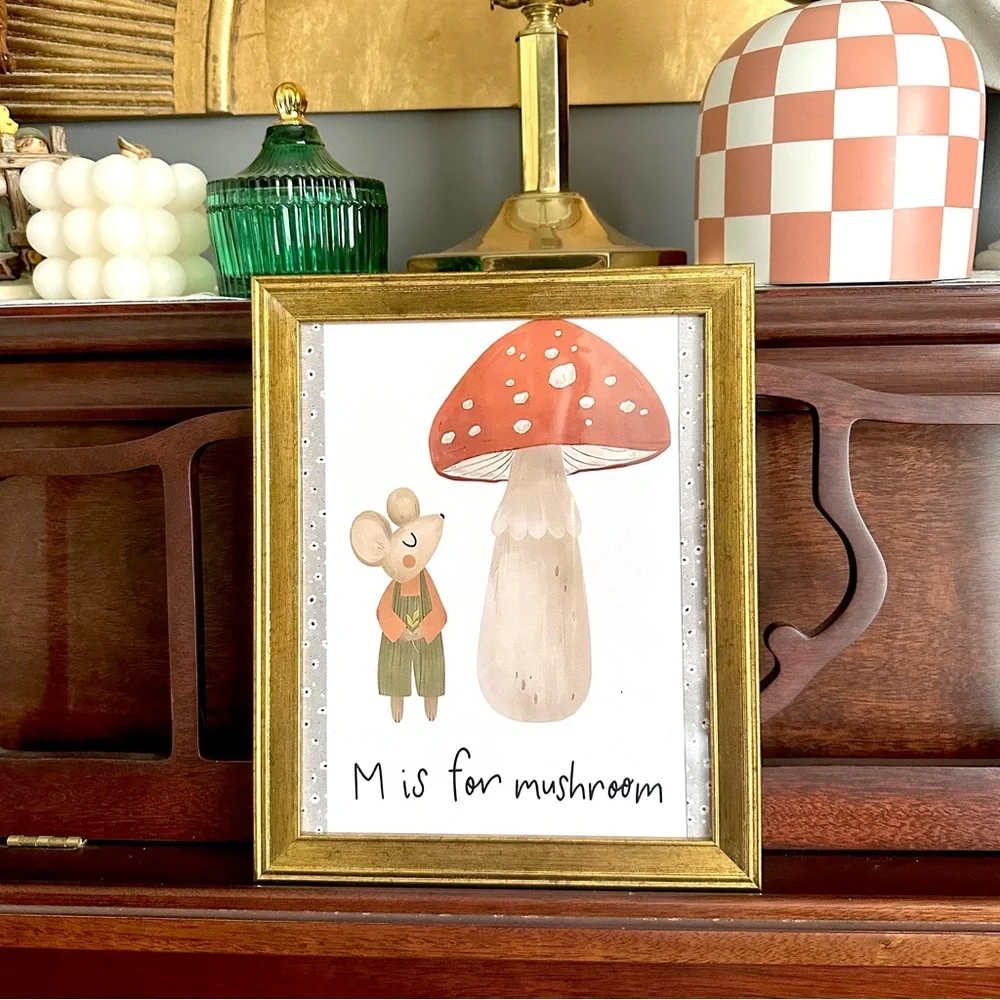 M is for Mushroom Cottagecore Mouse Woodland Canvas Art Print Gold Framed Floral